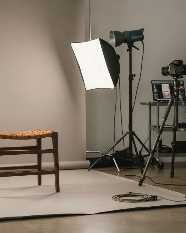 Fotostudio met softboxen en een lichte achtergrondrol
